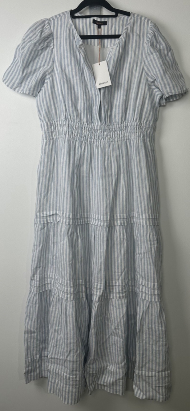NEW Quince L 100% European Linen Tiered Maxi Dress Chambray Stripe Coastal A16